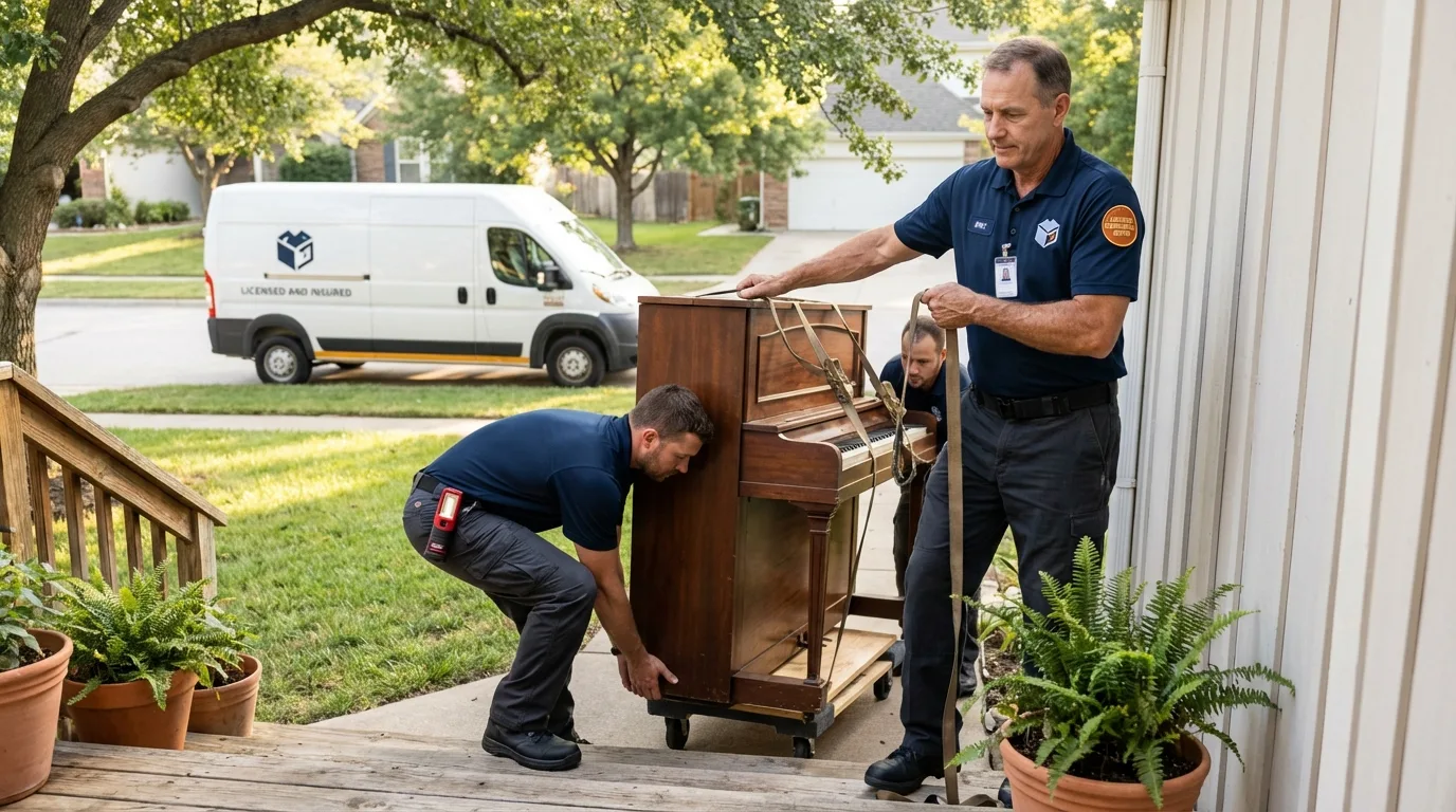 Licensed piano movers securing grand piano in Fairchance, PA