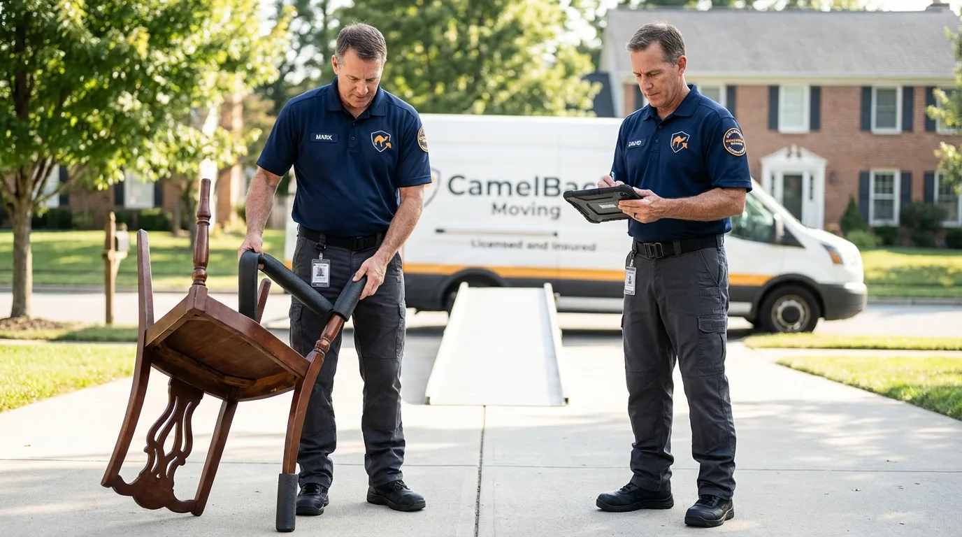 Movers inspecting furniture for damage prevention before loading in Fairchance, PA