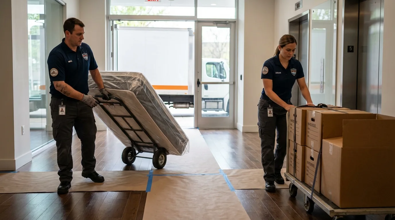 Professional apartment movers loading elevator in Fairchance, PA