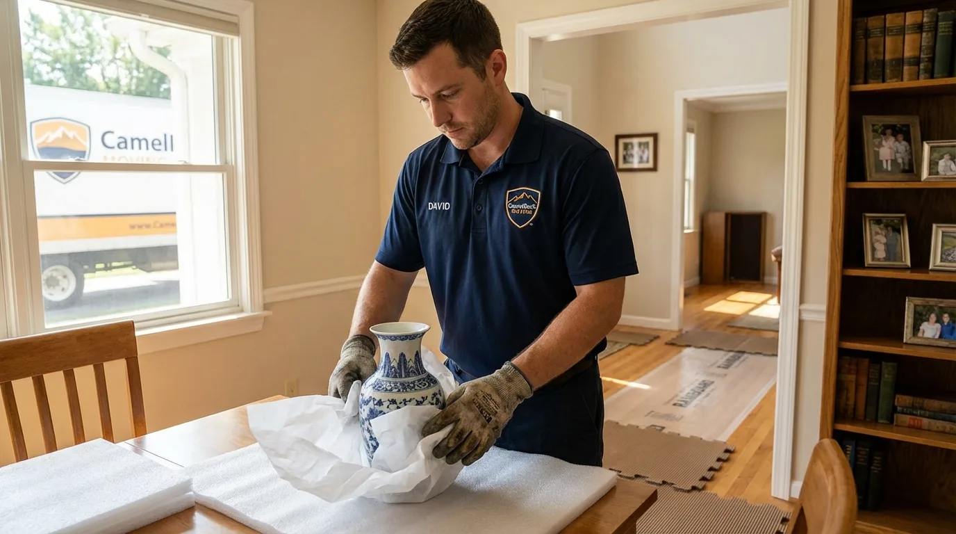 Professional crew carefully wrapping antique vase for senior downsizing move in Fairchance, PA